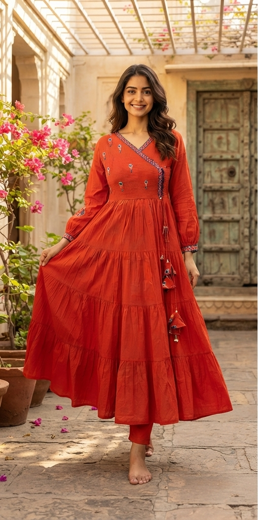 Rust Angrakha Style Tiered Anarkali Kurta with Trouser and Dupatta