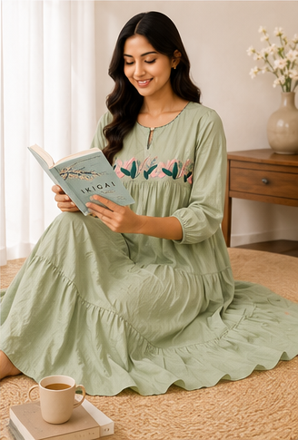 Sage Green Embroidered Tiered Gown