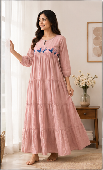 Dusty Rose Pink Tiered Embroidered Gown