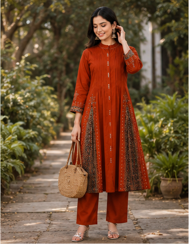 Rust Embroidered A-Line Kurta with Trouser