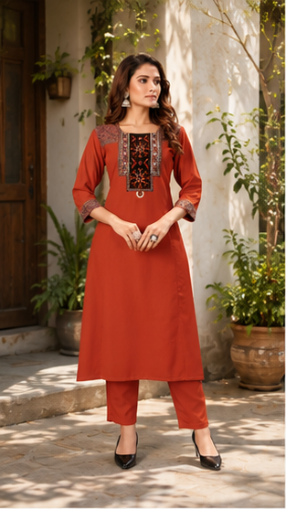 Rust Embroidered Kurta With Trouser