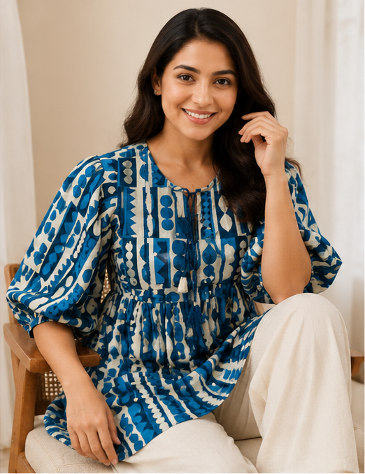 Blue Geometric Printed Puff Sleeve Tunic