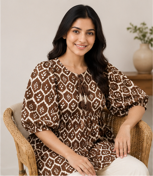 Women's Brown and White Printed Tunic