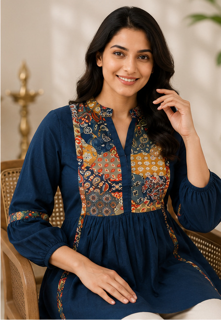 Navy Blue Ethnic Print Gathered Tunic