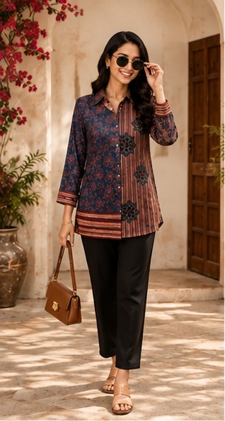 Women's Floral and Geometric Split Print Tunic with Black Trouser