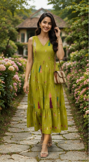 Lime Green Printed Tiered Midi Dress