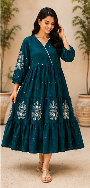 Teal Blue Embroidered Tiered Anarkali Dress