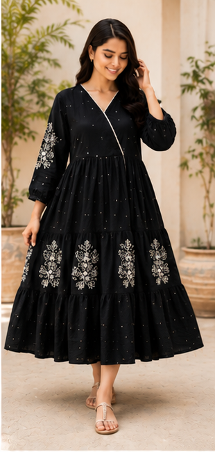 Black Embroidered Tiered Midi Dress