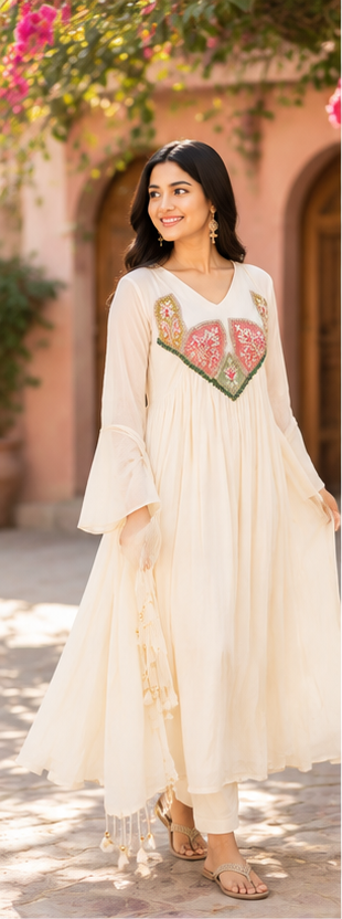 Off-White Embroidered Anarkali Suit Set