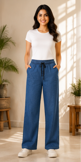 Women's Denim Blue Wide-Leg Trousers