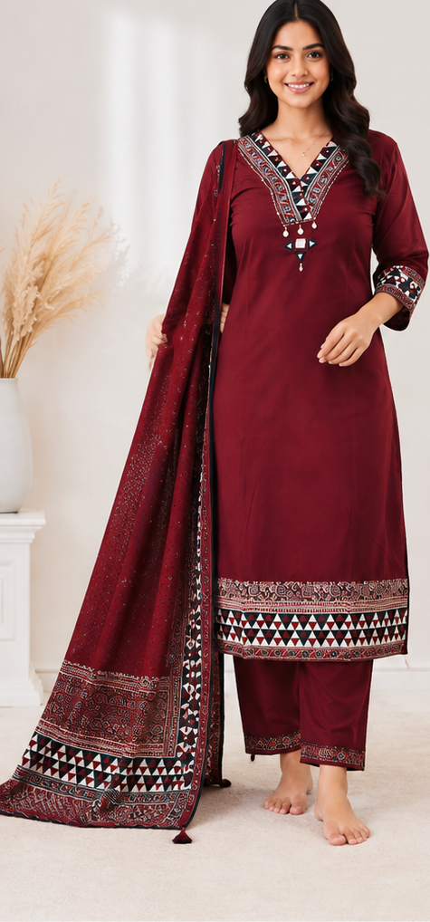 Maroon Embroidered Kurta Set with Dupatta