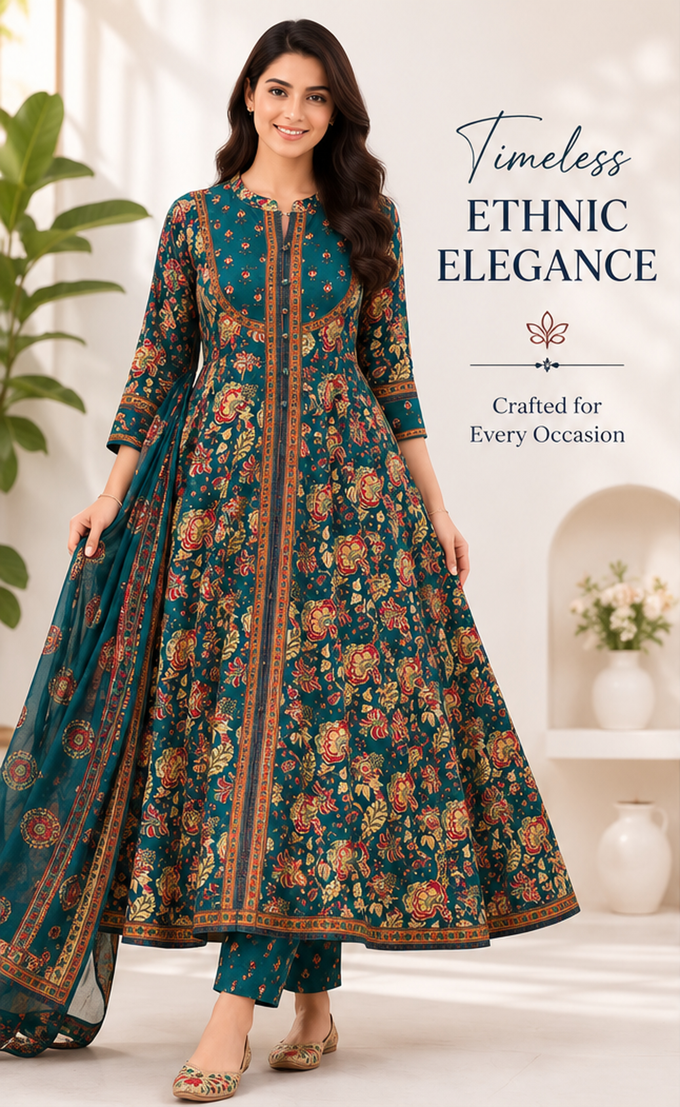 Green Floral Printed Anarkali Suit Set